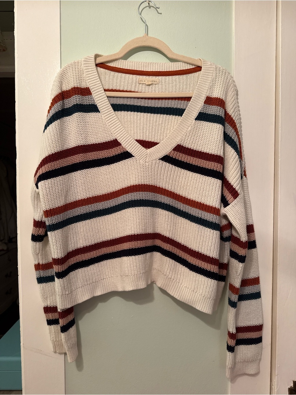 La Hearts Cream Striped V-Neck Sweater